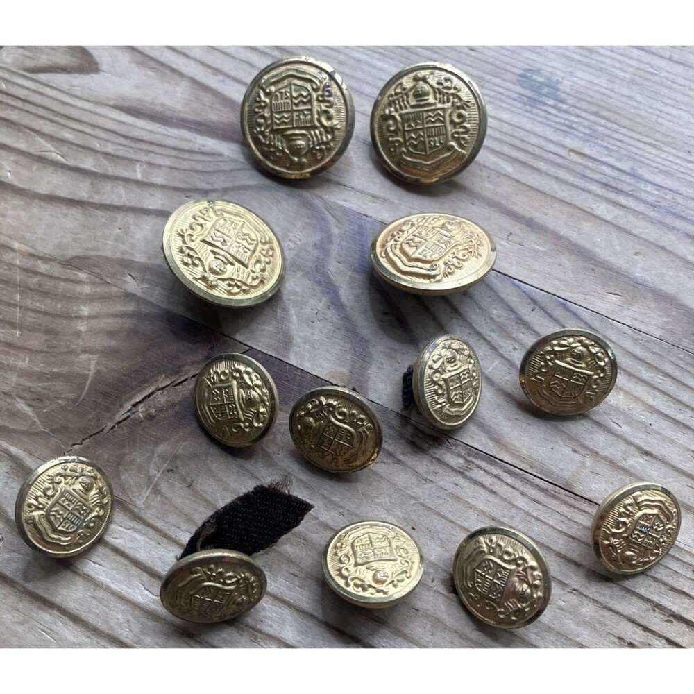 Vintage Gold Metal Shield Buttons Set of 13 Uniform Shank Backs Military 2 Size